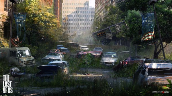 Anime picture 1400x785 with the last of us tiger1313 wide image city no people abandoned plant (plants) tree (trees) building (buildings) ground vehicle flag car traffic lights