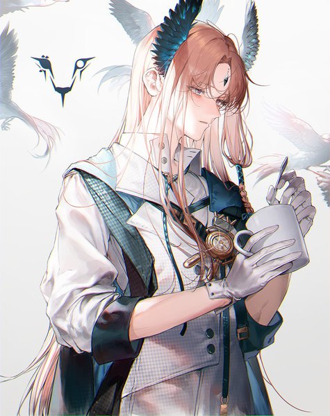 Anime picture 950x1200 with arknights passenger (arknights) lentain single long hair tall image blonde hair looking away upper body grey eyes head wings forehead mark boy gloves animal wings white gloves bird (birds) mug