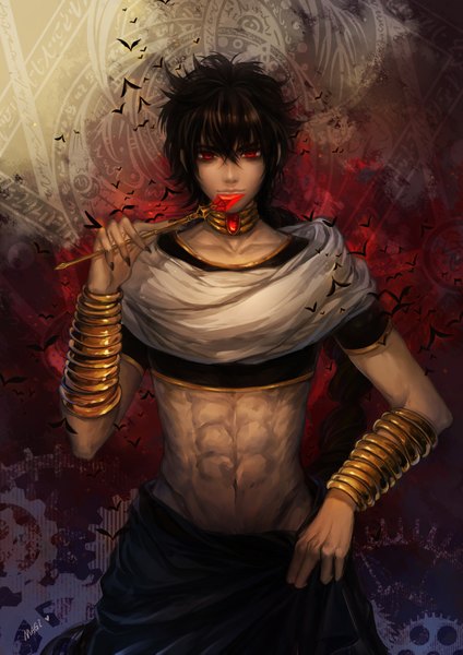 Anime picture 1280x1811 with magi the labyrinth of magic a-1 pictures judal huazha01 single long hair tall image looking at viewer black hair red eyes braid (braids) traditional clothes boy navel choker bracelet gears