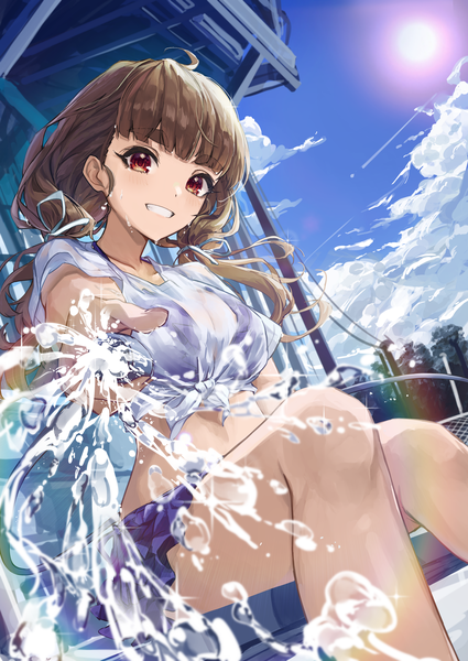 Anime picture 2508x3541 with idolmaster idolmaster cinderella girls kamiya nao shino sto single long hair tall image fringe highres smile red eyes brown hair sitting twintails sky cloud (clouds) ahoge blunt bangs grin low twintails