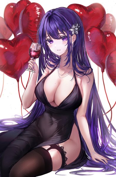Anime picture 2500x3800 with genshin impact raiden shogun at congju single long hair tall image blush fringe highres breasts light erotic simple background large breasts white background purple eyes bare shoulders holding looking away purple hair blunt bangs