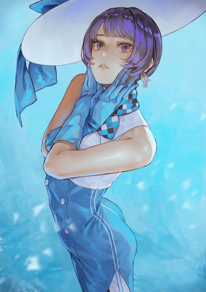 Anime picture 2894x4093 with suntory suntory nomu kaoming single tall image looking at viewer fringe highres short hair standing purple eyes bare shoulders purple hair blunt bangs parted lips crossed arms bob cut hands on face girl gloves