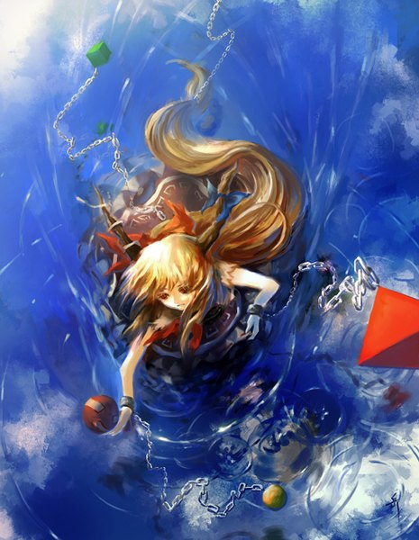 Anime picture 1024x1321 with touhou ibuki suika archlich long hair tall image blonde hair horn (horns) from above girl ribbon (ribbons) water chain cube