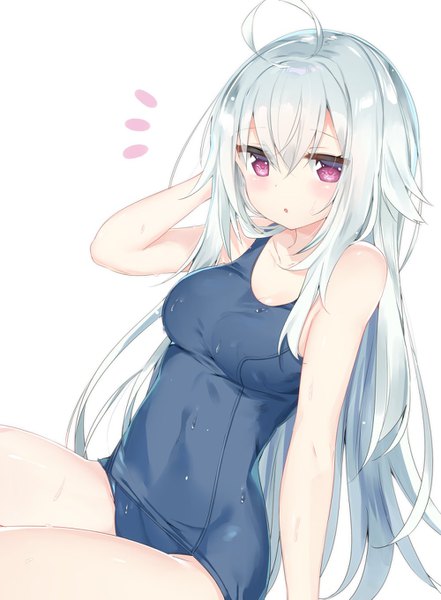 Anime-Bild 1000x1361 mit original shiori (kamioka shun'ya) kamioka shun'ya single long hair tall image looking at viewer blush fringe light erotic simple background hair between eyes white background sitting purple eyes silver hair ahoge arm support wet arm behind head