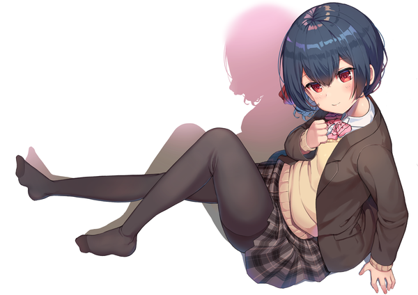 Anime picture 4093x2894 with idolmaster idolmaster shiny colors morino rinze rangen single looking at viewer blush fringe highres short hair black hair simple background smile red eyes white background sitting absurdres full body bent knee (knees) open clothes