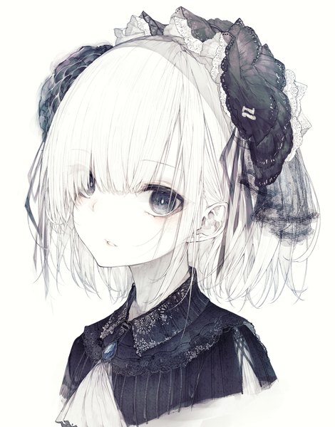 Anime picture 3546x4525 with original hito komoru single tall image looking at viewer fringe highres short hair simple background white background absurdres upper body white hair parted lips hair over one eye grey eyes portrait white skin girl hair ornament