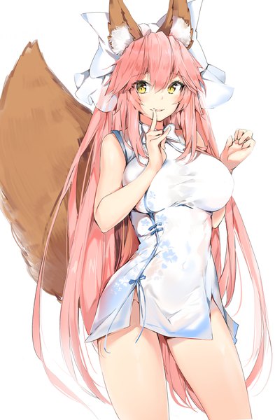 Anime picture 1100x1680 with fate (series) fate/extra fate/extra ccc tamamo (fate) (all) tamamo no mae (fate) silver (chenwen) single long hair tall image looking at viewer fringe light erotic simple background hair between eyes white background animal ears yellow eyes pink hair tail traditional clothes