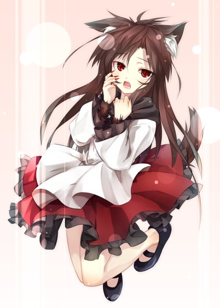 Anime picture 1072x1500 with touhou imaizumi kagerou gorilla (bun0615) single long hair tall image looking at viewer blush open mouth red eyes brown hair animal ears tail animal tail jumping wolf ears wolf tail girl dress claws