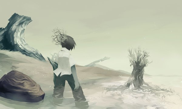 Anime picture 2333x1400 with original mononoke (empty) single highres short hair black hair wide image looking away underwater abstract boy plant (plants) tree (trees) water pants stone (stones)
