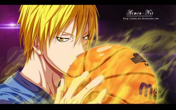 Anime picture 2669x1666 with kuroko no basket production i.g kise ryouta iitheluciferii single highres short hair blonde hair wide image yellow eyes coloring glowing light letterboxed basketball boy uniform gym uniform ball basketball ball