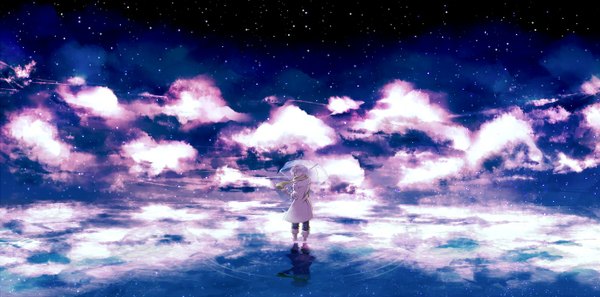 Anime picture 1400x694 with dramatical murder nitro+chiral clear (dmmd) single short hair wide image cloud (clouds) white hair looking back night sky back hair over eyes boy scarf star (stars) umbrella