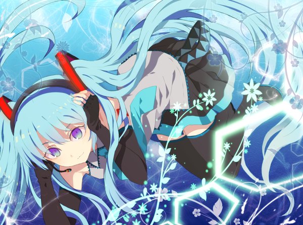 Anime picture 1616x1200 with vocaloid hatsune miku long hair purple eyes twintails aqua hair girl thighhighs detached sleeves headphones
