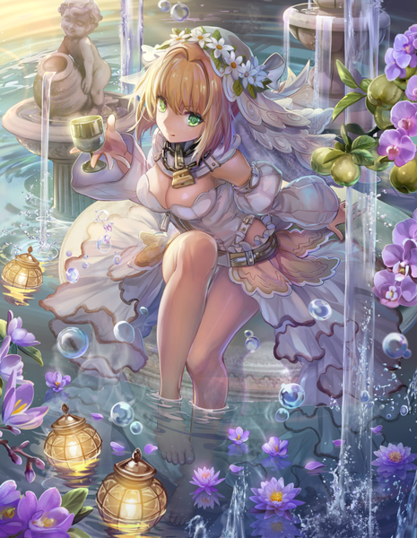 Anime picture 800x1033 with fate (series) fate/extra fate/extra ccc nero claudius (fate) (all) nero claudius (fate) nero claudius (bride) (fate) torino aqua single tall image looking at viewer fringe short hair light erotic blonde hair smile hair between eyes sitting holding green eyes payot