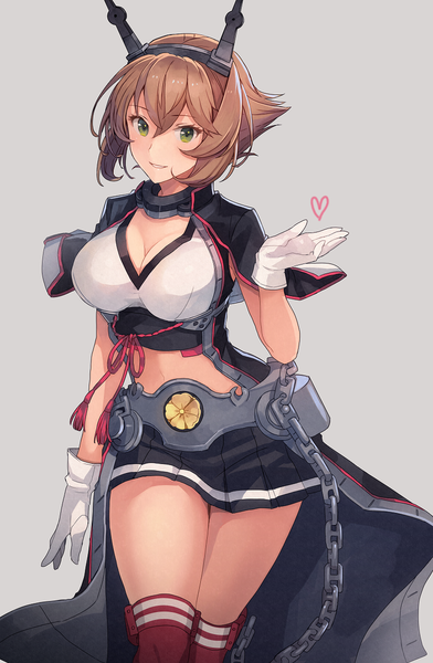Anime picture 785x1200 with kantai collection mutsu battleship kasumi (skchkko) single tall image looking at viewer fringe short hair breasts light erotic simple background smile hair between eyes brown hair large breasts standing green eyes cleavage pleated skirt arm up