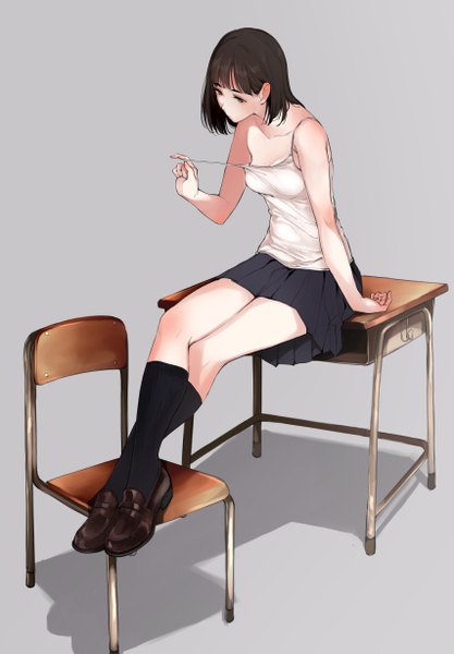 Anime picture 854x1227 with original tsukino wagamo single tall image fringe short hair black hair simple background sitting bare shoulders brown eyes looking away bent knee (knees) pleated skirt grey background shadow zettai ryouiki crossed legs girl skirt