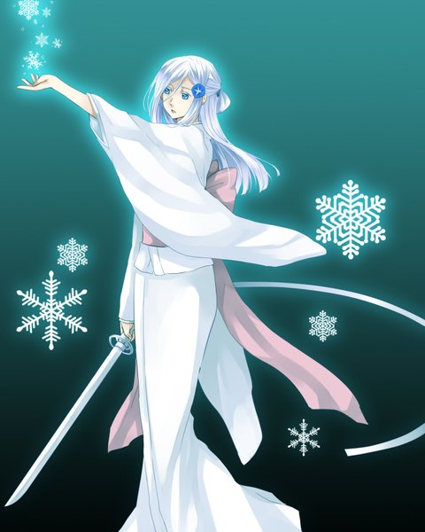 Anime picture 1520x1900 with bleach studio pierrot sode no shirayuki single long hair tall image blue eyes simple background payot white hair japanese clothes wide sleeves snow girl sword kimono katana snowflake (snowflakes)