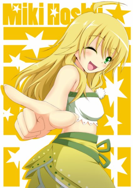 Anime picture 1156x1636 with idolmaster hoshii miki yopparai oni single long hair tall image open mouth blonde hair green eyes one eye closed wink pointing floral (idolmaster) vital sunflower girl star (symbol)