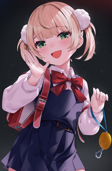 Anime picture 1575x2400 with virtual youtuber indie virtual youtuber shukusei!! loli-gami requiem shigure ui (vtuber) shigure ui (vtuber) (young) kaguya (srx61800) single tall image looking at viewer blush short hair open mouth simple background blonde hair twintails green eyes upper body :d loli black background