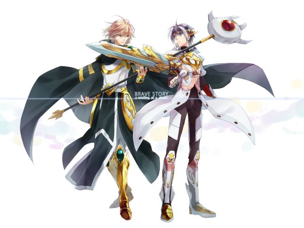 Anime picture 1400x1050 with brave story mitani wataru ashikawa mitsuru nakagawa waka short hair blue eyes blonde hair simple background white background green eyes purple hair inscription multiple boys boy weapon sword armor cape 2 boys huge weapon