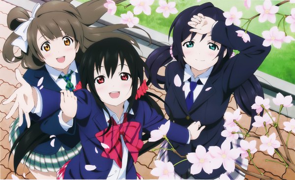 Anime picture 8800x5386 with love live! school idol project sunrise (studio) love live! yazawa nico toujou nozomi minami kotori long hair looking at viewer blush highres open mouth blue eyes black hair smile red eyes wide image multiple girls brown eyes absurdres grey hair