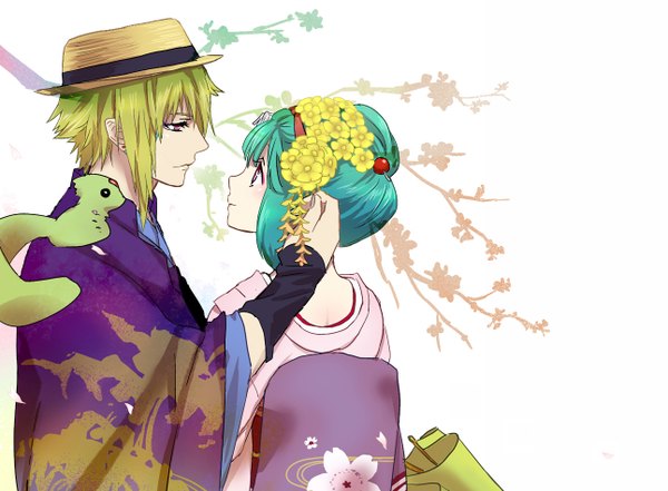 Anime picture 1291x950 with macross macross frontier ranka lee brera sterne short hair simple background blonde hair red eyes white background traditional clothes japanese clothes profile hair flower from behind aqua hair couple hug face to face eye contact girl