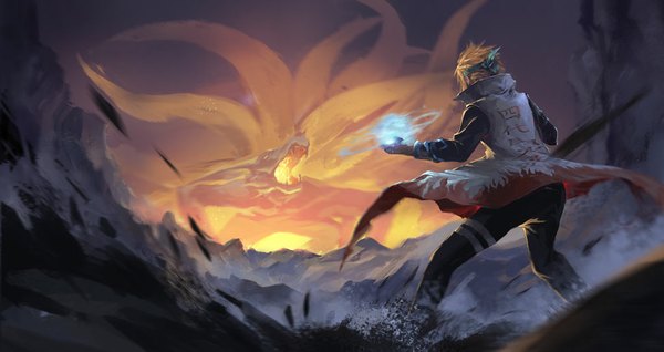 Anime picture 972x516 with naruto studio pierrot naruto (series) namikaze minato kurama (kyuubi) sangatsu kokonoka short hair blonde hair wide image standing bent knee (knees) wind from behind fighting stance screaming hokage bijuu boy