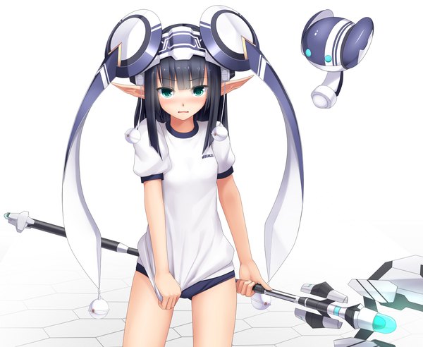 Anime picture 1200x984 with phantasy star phantasy star online 2 sega rupika (pso2) eto single long hair looking at viewer blush open mouth blue eyes light erotic black hair pointy ears girl gloves uniform hat fingerless gloves gym uniform