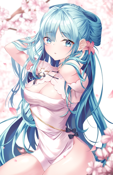Anime picture 1815x2800 with vocaloid hatsune miku shaohua hatsune miku ttopang single tall image looking at viewer blush fringe highres breasts open mouth blue eyes light erotic large breasts sitting blue hair very long hair traditional clothes hair flower