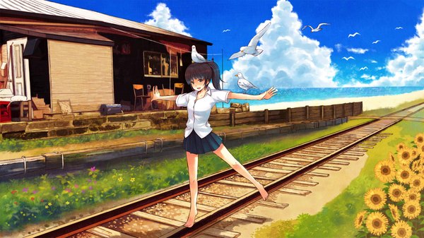 Anime picture 2286x1285 with original furai (furai127) long hair highres open mouth black hair wide image sky cloud (clouds) ponytail barefoot black eyes spread arms animal on head bird on hand bird on head girl flower (flowers) animal sea