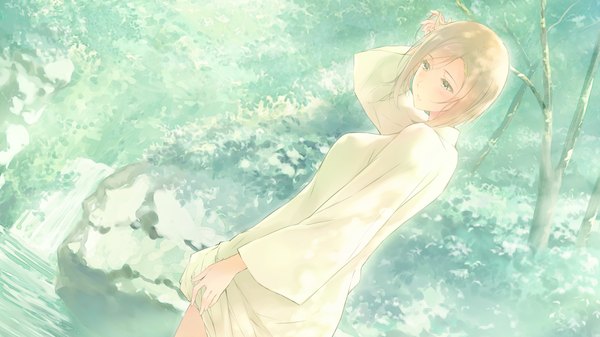 Anime picture 1280x720 with flowers (innocent grey) innocent grey dalia basquiat single short hair blonde hair wide image yellow eyes game cg river girl dress plant (plants) tree (trees)