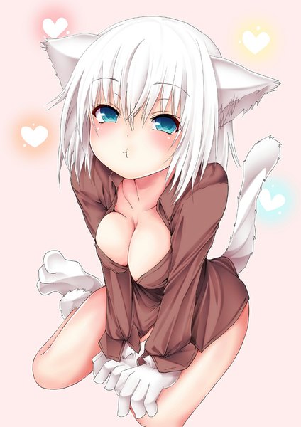 Anime picture 707x1000 with original ma-yu single tall image looking at viewer blush short hair breasts blue eyes light erotic sitting animal ears cleavage white hair tail animal tail from above cat ears cat tail legs