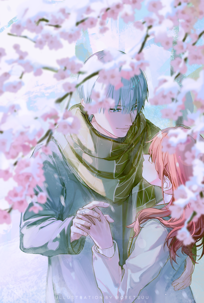 Anime picture 1531x2267 with yubisaki to renren itose yuki itsuomi nagi oretsuu long hair tall image short hair blue eyes pink hair silver hair upper body outdoors from above tattoo depth of field couple cherry blossoms interlocked fingers girl boy
