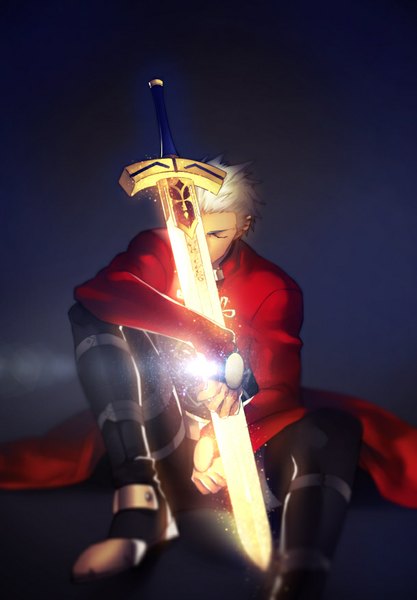 Anime picture 610x877 with fate (series) fate/stay night type-moon archer (fate) die (pixiv 9477) single tall image short hair simple background sitting white hair eyes closed dark background hand on knee sad glowing weapon boy weapon sword excalibur