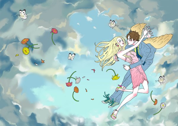 Anime picture 1200x849 with original greek mythology cupid psyche isa (pixiv548859) long hair short hair blue eyes blonde hair brown hair holding sky light smile couple hug flying angel wings face to face girl dress