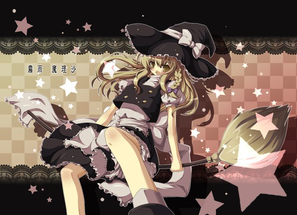 Anime picture 2000x1453 with touhou kirisame marisa koikawa minoru single long hair looking at viewer highres blonde hair braid (braids) shadow character names side braid frilly skirt :3 serious checkered checkered background outline broom riding girl