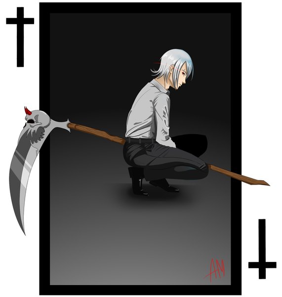 Anime picture 1896x1992 with original air monger single tall image looking at viewer fringe highres short hair red eyes signed silver hair full body profile horn (horns) squat outside border androgynous weapon shirt white shirt