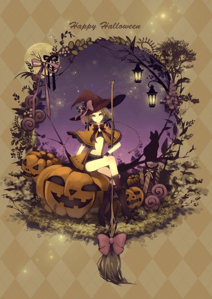 Anime picture 1200x1688 with original mirusa single long hair tall image smile brown hair twintails brown eyes braid (braids) night midriff night sky halloween witch silhouette happy halloween girl flower (flowers) bow