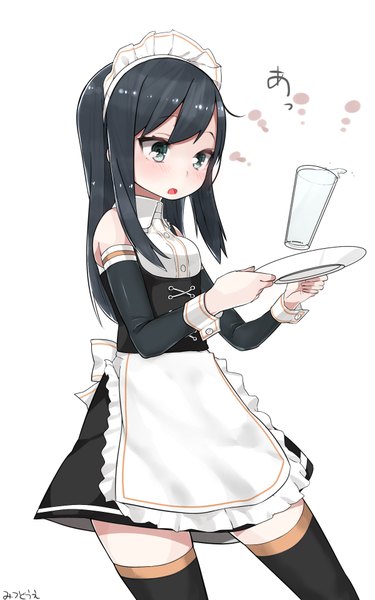 Anime picture 1200x1920 with kantai collection asashio destroyer mitsudoue single long hair tall image blush fringe open mouth black hair simple background white background bare shoulders green eyes inscription maid alternate costume zettai ryouiki girl thighhighs