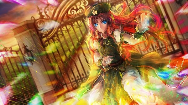 Anime picture 1344x756 with touhou hong meiling freeze-ex single long hair looking at viewer fringe blue eyes wide image standing sky cloud (clouds) red hair outstretched arm magic girl dress beret fence green dress