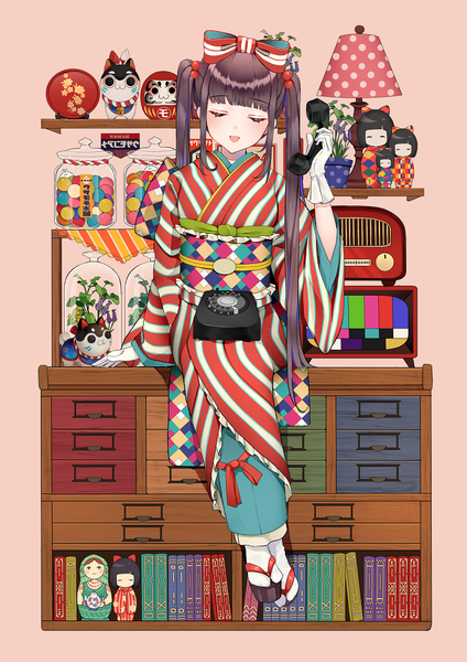 Anime picture 724x1024 with original usamochi. single long hair tall image fringe open mouth black hair sitting twintails payot full body blunt bangs eyes closed traditional clothes japanese clothes striped pink background single shoe girl