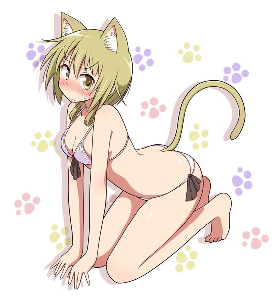 Anime picture 1150x1250 with yuyushiki ichii yui mel (melty pot) single long hair tall image looking at viewer blush breasts light erotic simple background blonde hair twintails animal ears yellow eyes cleavage tail animal tail barefoot cat ears