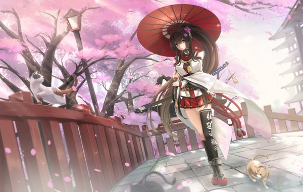 Anime picture 2969x1884 with kantai collection yamato super battleship kikivi single long hair looking at viewer fringe highres brown hair holding brown eyes ponytail hair flower cherry blossoms checkered floor floor girl thighhighs skirt hair ornament