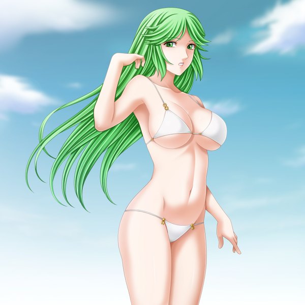 Anime-Bild 1600x1600 mit kid icarus palutena tamamon single long hair looking at viewer breasts light erotic large breasts green eyes green hair groin girl navel swimsuit bikini