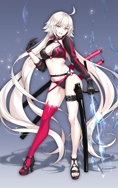 Anime picture 1000x1587 with fate (series) fate/grand order jeanne d'arc (fate) (all) jeanne d'arc alter (fate) jeanne d'arc alter (swimsuit berserker) (fate) suishougensou single tall image looking at viewer fringe open mouth light erotic simple background hair between eyes standing holding yellow eyes payot silver hair full body