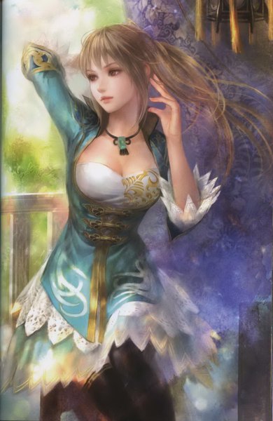 Anime picture 1128x1732 with shin sangoku musou wang yuanji single long hair tall image breasts blonde hair large breasts standing brown eyes looking away ponytail sunlight scan realistic arms behind head girl thighhighs dress black thighhighs