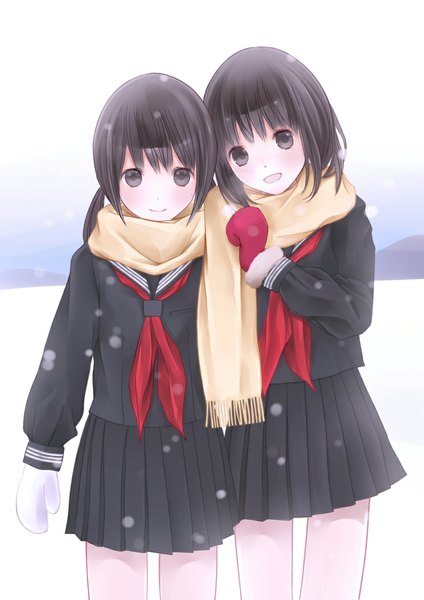 Anime picture 827x1169 with original chikuwa (odennabe) long hair tall image looking at viewer blush short hair open mouth black hair smile twintails multiple girls black eyes short twintails shared scarf girl skirt uniform 2 girls school uniform