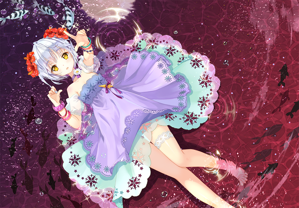 Anime picture 1200x839 with original mintchoco (orange shabette) single looking at viewer blush short hair yellow eyes silver hair lying barefoot on back girl flower (flowers) animal choker water bracelet insect butterfly fish (fishes)