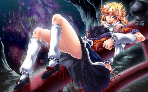 Anime picture 1920x1200 with touhou mizuhashi parsee ootsuki wataru single highres short hair light erotic wide image green eyes pointy ears orange hair half updo girl detached sleeves