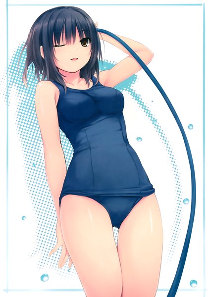 Anime picture 2448x3500 with original aoyama sumika coffee-kizoku single long hair tall image looking at viewer highres light erotic black hair brown eyes one eye closed wink scan thigh gap girl swimsuit water one-piece swimsuit water drop