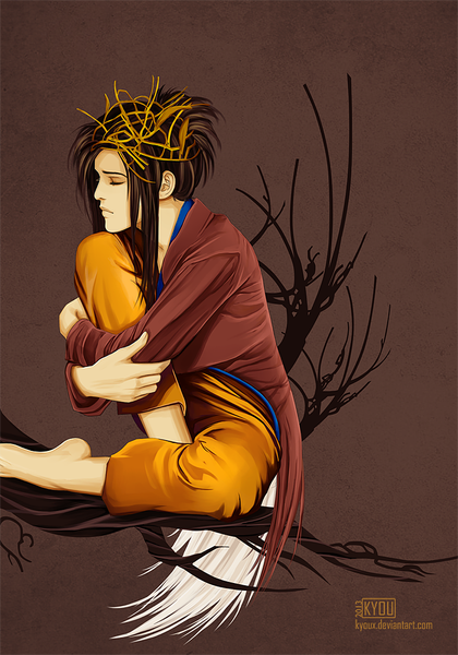 Anime picture 770x1100 with original kyoux (artist) single long hair tall image simple background brown hair sitting eyes closed profile barefoot hug brown background boy animal bird (birds) feather (feathers) branch